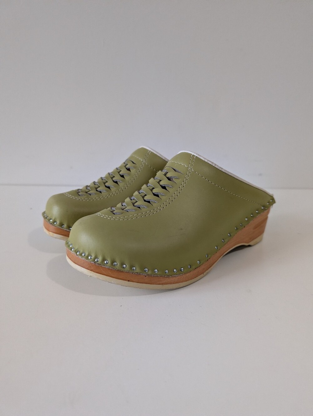Troentorps Wood & Woven Green Leather Clogs - Size 35/5